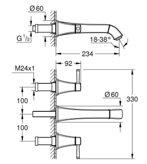 Grohe Grandera 3 Delikli Duvardan Lavabo Bataryası L-Boyut - 20623000