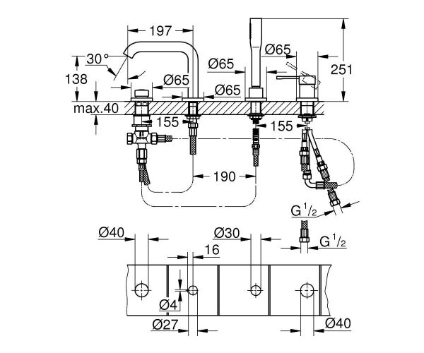 Grohe Essence 4 Delikli Küvet Bataryası - 19578001
