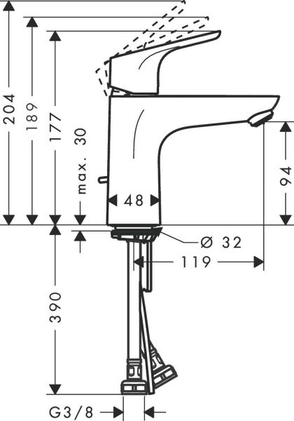 Hansgrohe Focus Tek kollu lavabo bataryası 100, 2 debili, açılır gider seti ile - 31657000