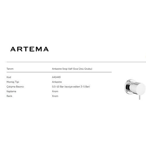 Artema A41449 Ankastre Stop Valf Sıva Üstü Krom