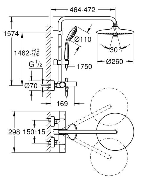 Grohe EUPHORİA SYSTEM 260 DUVARA MONTE TERMOSTATİK BANYO BATARYALI DUŞ SİSTEMİ - 27475002