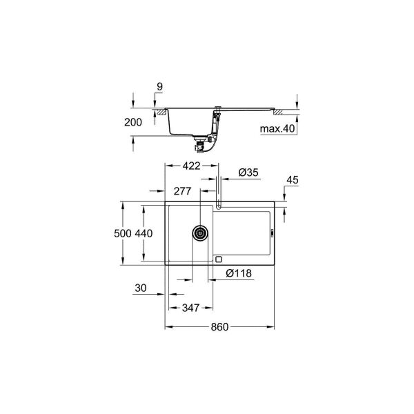 Grohe K500 Kuvars Kompozit Eviye 50 -C 86/50, Granit Siyah Rengi - 31644AP0