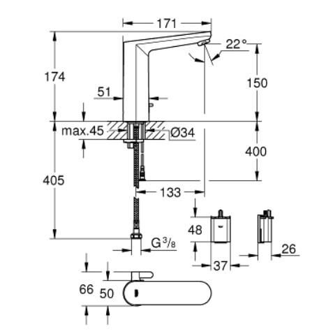 Grohe Eurosmart Cosmopolitan E Fotoselli lavabo bataryası - 1/2'' - L-Boyut - çift su girişli - ayarlanabilir sıcaklık sınırlayıcısı - 36422001