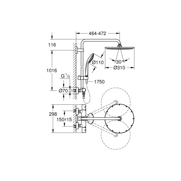 Grohe Euphoria System 310 Duvara Monte Termostatik Bataryalı Duş Sistemi 26075DA0