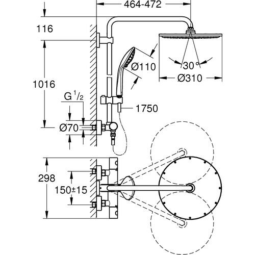 Grohe Euphoria System 310 Duvara Monte Termostatik Bataryalı Duş Sistemi 26075GL0