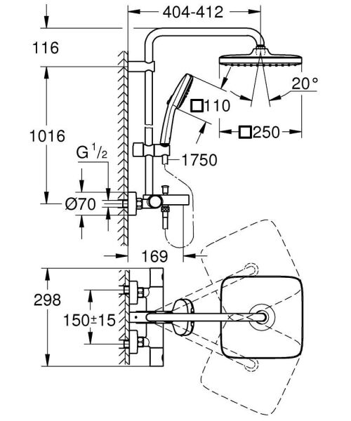 Grohe Tempesta System 250 Cube Duvara Monte Termostatik Bataryalı Duş Sistemi - 26975001