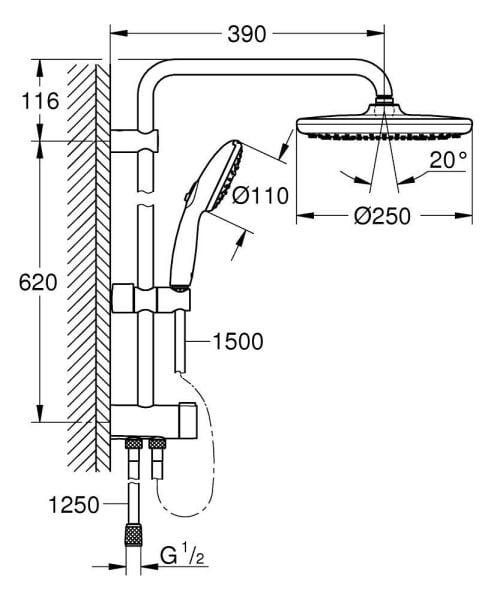 Grohe New Tempesta Sistem 250 Duvar Bağlantılı, Divertörlü Duş Sistemi - 26980001