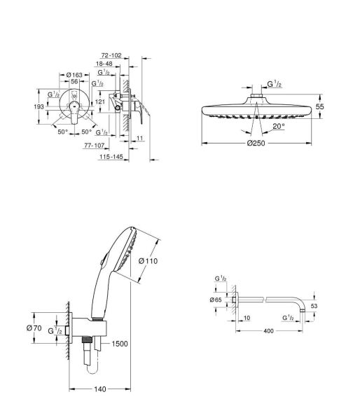 Grohe Eurosmart Gagasız Ankastre Banyo Seti (25cm Tepe duşlu)- 33305003SET3