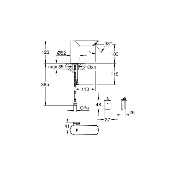 Grohe Bau Cosmo. E Fotoselli, Çift Su Girişli Lavabo Musluğu Pilli-36451000