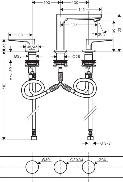 Hansgrohe Metropol 3 Delikli Lavabo Bataryası - 32514000