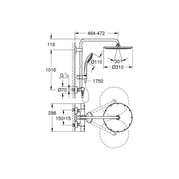 EUPHORİA SYSTEM 310 DUVARA MONTE TERMOSTATİK BATARYALI DUŞ SİSTEMİ 26075EN0