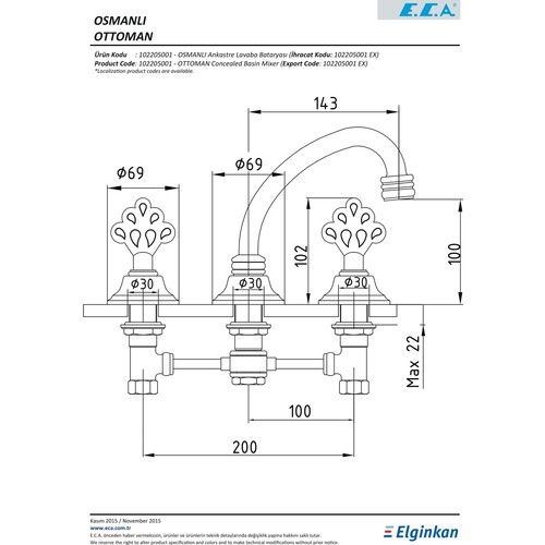 E.C.A Osmanlı 3 Delikli Ankastre Lavabo Bataryası 102205001