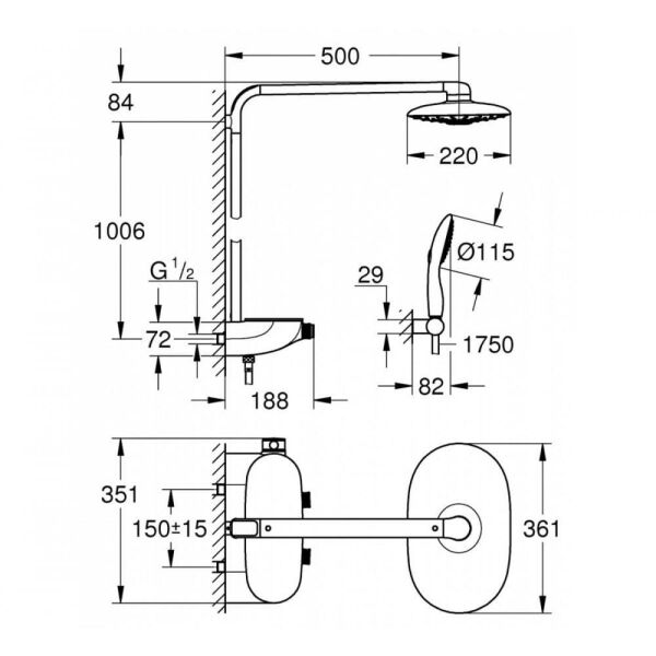 Grohe Rainshower System Smartcontrol 360 Duo Duvara Monte Termostatik Bataryalı Duş Sistemi (26250000)