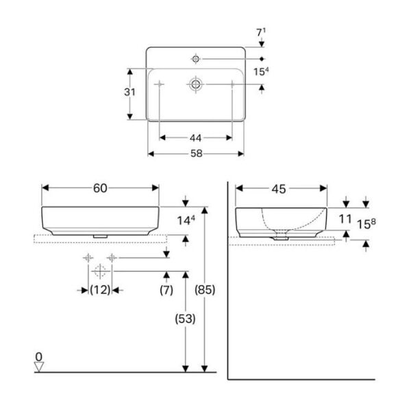 Geberit VariForm Çanak Lavabo, Dikdörtgen ve Batarya Banklı, Taşma Delikli, 60x45 cm - 500.780.01.2