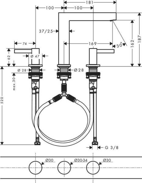 Hansgrohe Finoris 3 Delikli Lavabo Bataryası 160 Krom - 76034000