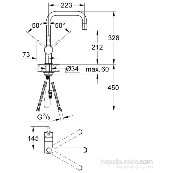 Grohe Eviye Bataryası Spiralli Tek Akışlı Minta Krom - 32067000