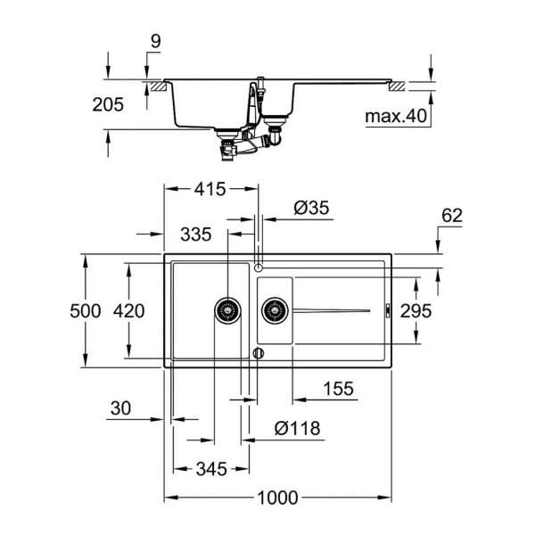 Grohe K400 Tezgah Altı Gri Granit Eviye 31642At0