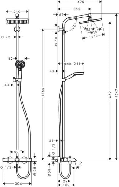 Hansgrohe Crometta E240 Termostatik Banyo Bataryası Duş Kolunu