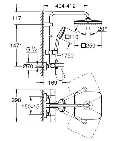 Grohe Tempesta System 250 Cube Duvara Monte Termostatik Bataryalı Duş Sistemi Mat Siyah - 266912431