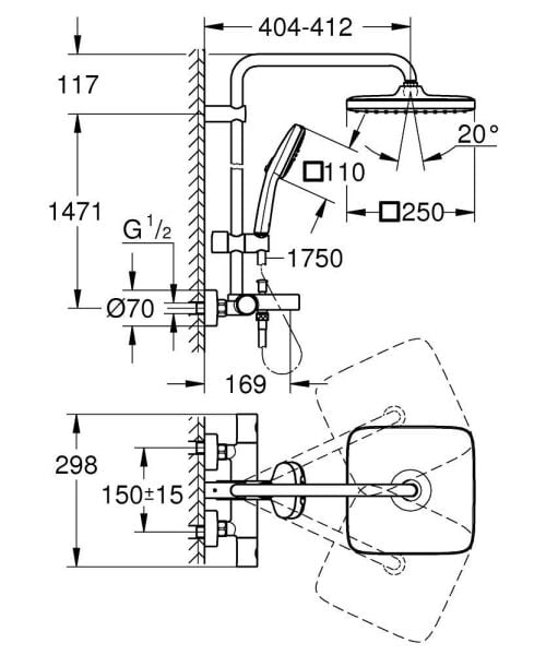 Grohe Tempesta System 250 Cube Duvara Monte Termostatik Bataryalı Duş Sistemi Mat Siyah - 266912431