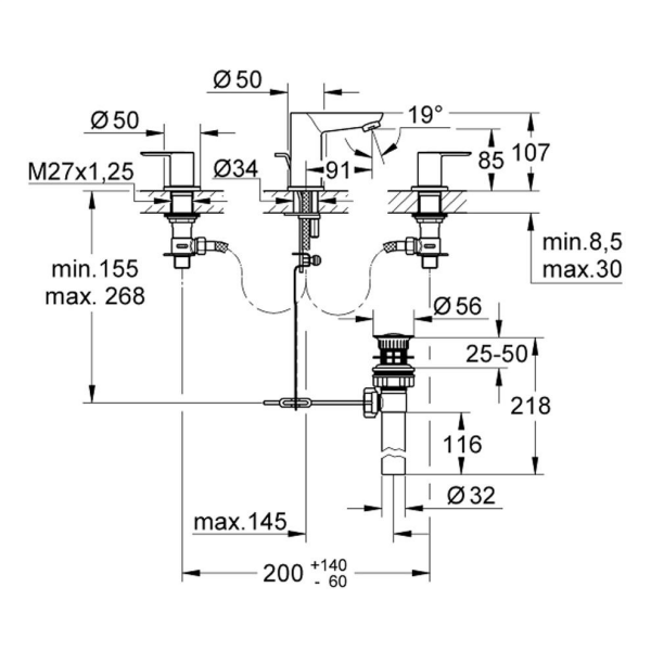 Grohe BauEdge 3 Delikli Lavabo Bataryası - 20197000