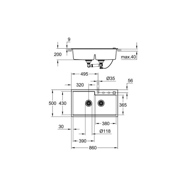 Grohe K500 Kuvars Kompozit Eviye 90 -C 86/50, Granit Siyah Rengi - 31649AP0