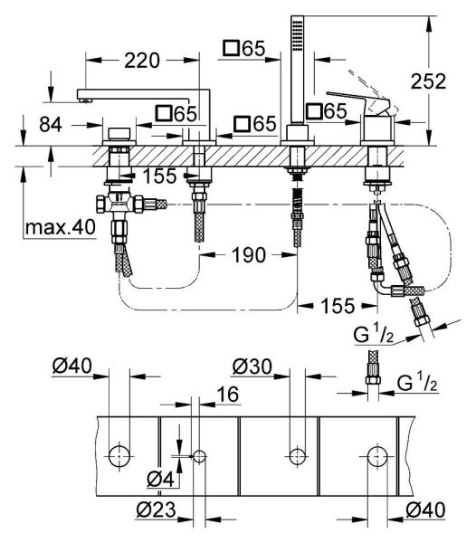 Grohe Eurocube  4 Delikli küvet bataryası- 19897001