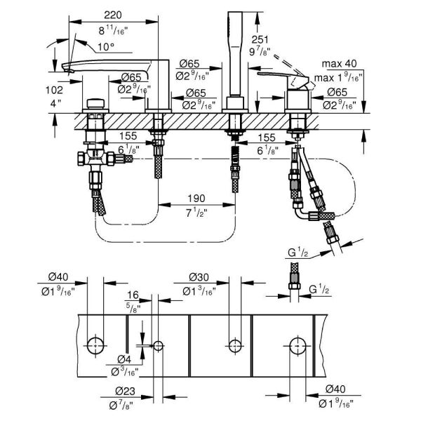Eurostyle Cosmopolitan Dört delikli küvet bataryası 23048003
