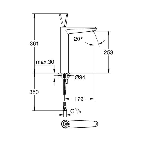 Eurodisc Joy Tek kumandalı lavabo bataryası XL-Boyut 23428000