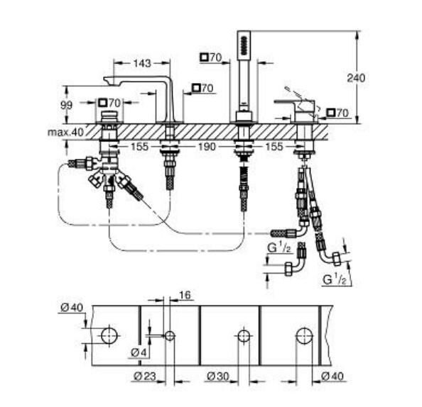 Grohe Allure 4 Delikli Ankastre Küvet Bataryası, Altın - 19316GL1