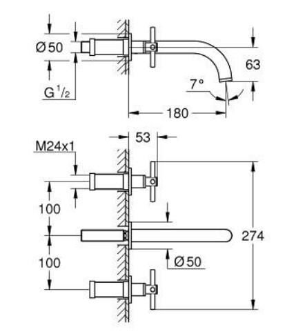 Grohe Atrio 3 Delikli Duvardan Ankastre Lavabo Bataryası (Sıva Üstü Grubu), Fırçalı Bakır - 20661DL0