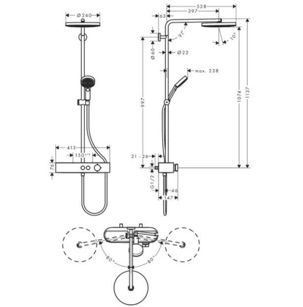 Hansgrohe Pulsify S Duş kolonu 260 1jet, EcoSmart, ShowerTablet Select 400 ile - 24221000