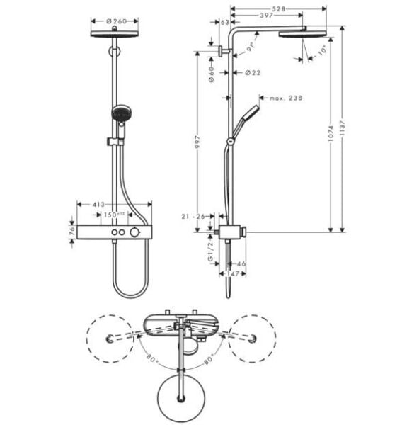 Hansgrohe Pulsify S Duş kolonu 260 1jet, EcoSmart, ShowerTablet Select 400 ile - 24221000