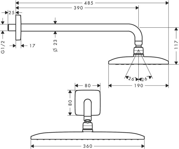 Hansgrohe Raindance E Tepe duşu 360 1 jet, 39 cm duş dirseği ile - 27376000