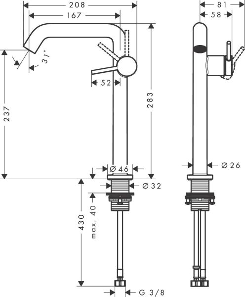 Hansgrohe Tecturis S  Tek kollu lavabo bataryası 240 Fine CoolStart EcoSmart+, itmeli açılır gider setine sahip lavabolar için - 73370000