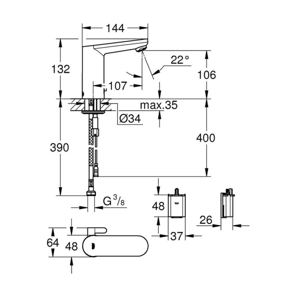 Grohe Eurosmart Cosmopolitan E Fotoselli Lavabo Bataryası, Çift Su Girişli Pilli - 36327001
