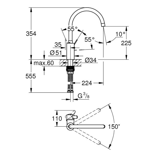 Grohe Eviye Bataryası Döner Borulu Eurosmart Cosmo Krom- 32843003