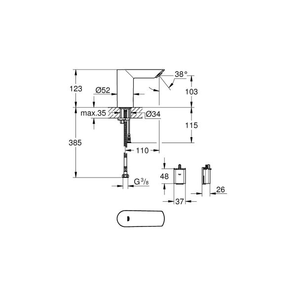 Grohe Bau Cosmo. E Fotoselli, Tek Su Girişli Lavabo Musluğu Pilli-36452000
