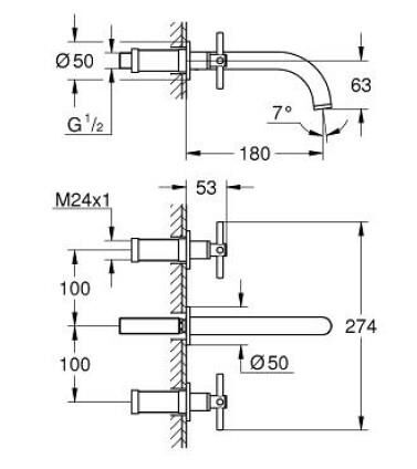 Grohe Atrio 3 Delikli Duvardan Lavabo Bataryası M-Boyut - 20661AL0
