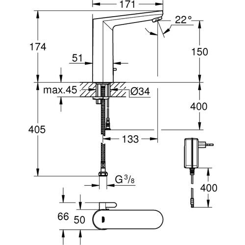 Grohe Eurosmart Cosmopolitan E Fotoselli Lavabo Bataryası, 1/2, L - Boyut, Çift Su Girişli, Ayarlanabilir Sıcaklık Sınırlayıcısı - 36421001