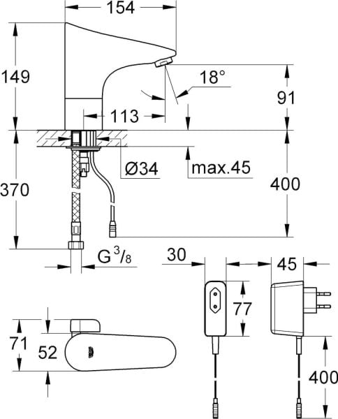 Grohe Fotoselli Lavabo Bataryası Elektrikli çift sugiriş 36015001
