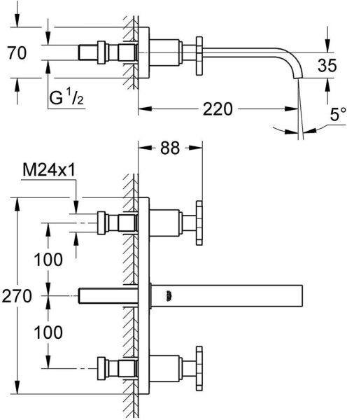 Grohe Allure 3 Delikli Duvardan Lavabo Bataryası S-Boyut - 20190000