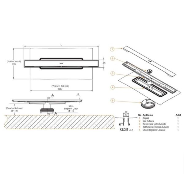 Hüppe Galata A Duş Kanalı Seti 60 cm Mat (Kanal+Sifon)