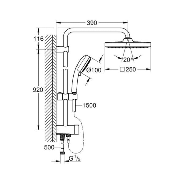 Grohe Tempesta System 250 Kare Duvara Monte Duş Sistemi, Yön Değiştiricili, Krom-Beyaz 26694000