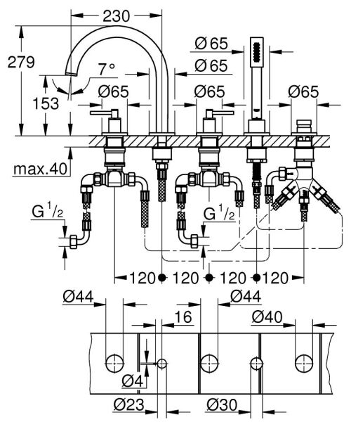 Grohe Küvet Bataryası 5 Delikli Atrio Krom - 19922003