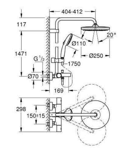 Grohe Tempesta 250 Duş Sistemi Termostatik Banyo Bataryalı - 26672001