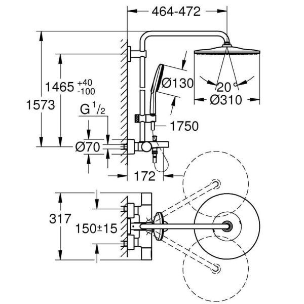 Grohe Rainshower SmartActive 310 Duvara Monte Termostatik Banyo Bataryalı Duş Sistemi - 26657000